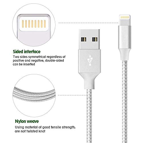 iPhone Charger, MFi Certified Charging Cable, 5Pack (3/3/ 6/6/ 10FT) to Syncing Data and Nylon Braided Cord Charger Compatible with iPhone/XS/XR/X/8/8Plus/7/7Plus/6S/6Plus/Pad More(Silver&White) - Thumbnail 2