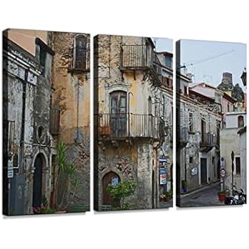 Old Sicilian City. 3 Pieces Print On Canvas Wall Artwork Modern Photography Home Decor Unique Pattern Stretched and Framed 3 Piece