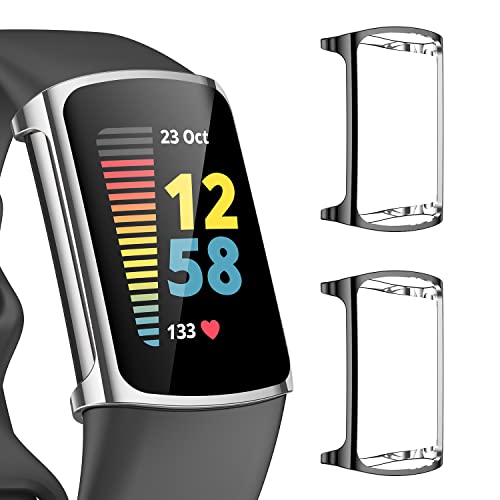 Mixblu 2 Pack Screen Protector Case Cover Compatible with Fitbit Charge 5 Full Protective Bumper Shield,Screen Saver Accessories for Charge 5 Smartwatch (Black/Black)