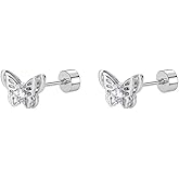 18g Titanium Butterfly Stud Earrings for Women Stainless Steel Hypoallergenic CZ Cute Animal Crystal Tiny Tragus Cartilage Flat Screw Back Post Piercing Sensitive Ear Gift Birthday Christmas Wedding