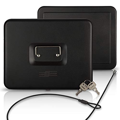 Cash Box with Money Tray- Safe Metal Lock Box- Locking Boxes with Key- Large Storage Lockbox with Safety Holder- Money Saving Organizer- Security Box with Coin Tray Lid