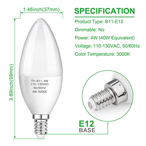 E12 Candelabra LED Bulbs, 400Lumens, SHINE HAI Updated 3000K Warm White LED Chandelier Bulbs, 40W Equivalent, B11 LED Candle Light Bulbs, CRI85+, Non-Dimmable, Pack of 12 - Thumbnail 3