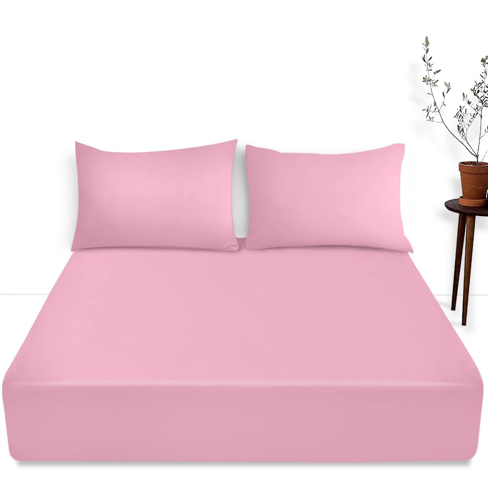 Luxury Bedding Fitted Sheet Double - Plain Dyed Pink Bed Sheet - Polycotton Deep Pockets Bedsheet 16 inch (40 cm) - Machine Washable