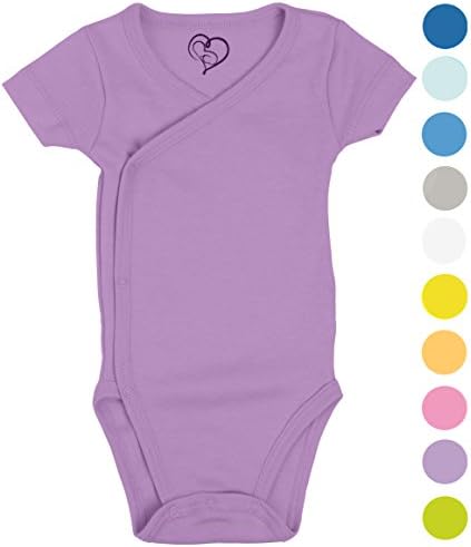 Boys Girls Baby Bodysuit made with Organic Cotton - Short Sleeve Kimono Style with Side Snaps Bodysuit and Gloved Sleeve - Purple 6M