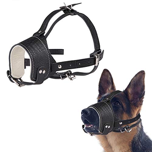 AMOOTEK Dog Muzzle, Anti-Biting, Barking & Chewing Dog Muzzle Adjustable Dog Mouth Cover and Collar, Soft Leather Muzzles for Small Medium Large Dog