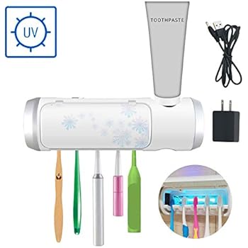 AQUATREND UV Toothbrush Sanitizer & Toothpaste Holder with Ultraviolet Light Sterilization Function, Drying & Build-in Fan, 5 Slots for Family Kids, Shower Bathroom, USB Charging Equipped with Adapter