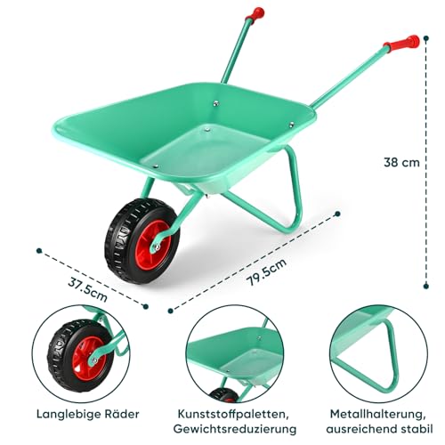 GOLDGE Children's Wheelbarrow, 10 Piece Children's Garden Tools Set with 5 Pieces Garden Tool Shovel Set, Tool Bag, Watering Can, Apron, Gloves, Perfect Garden Tools Wheelbarrow Toy for Outdoor Use