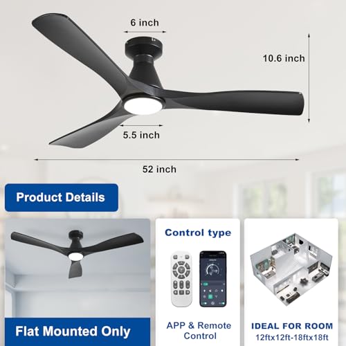 Depuley 52 Inch Ceiling Fans with Lights: Low Profile Recessed Black Ceiling Fan - Silent and Dimmable DC Motor Fan with Remote Control APP Timer