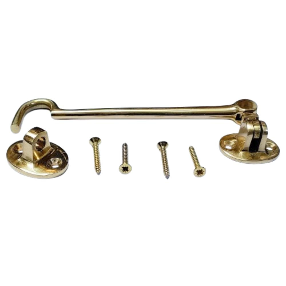 Brass Cabin Hook 6 Inch Brass Cabin Hook & Eye Silent Catch Door Latch Holder with Screws Silent Cabin Hook for Shed Gate Catch Garden Gate Latch Patio Doors in Various Finishes Pack of 1. — image 1