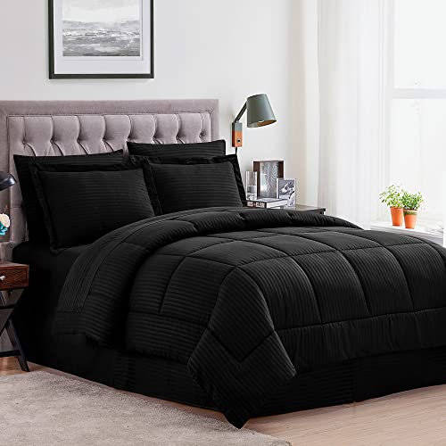 Sweet Home Collection Sheets, 2 Pillowcases & 2 Shams Down Alternative All Season Warmth, Fine Double Brushed Microfiber/100% Fiber Fill, Dobby Black, Queen