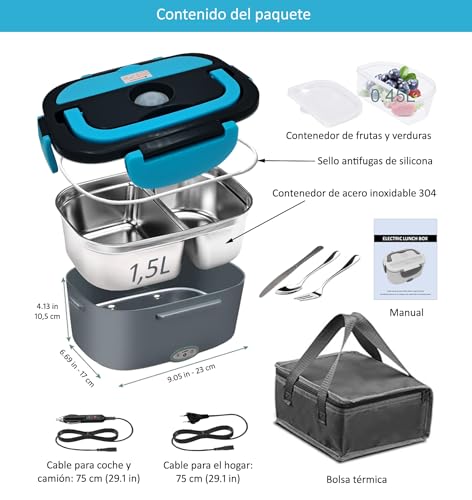 JessyLine Elegant Professional Portable Electric Lunch Box 80W 12V/24V/220V Multifunction Car Truck Office Heat Fast Food Taper Divided Container Stainless Steel 1.5L Black Blue-Light
