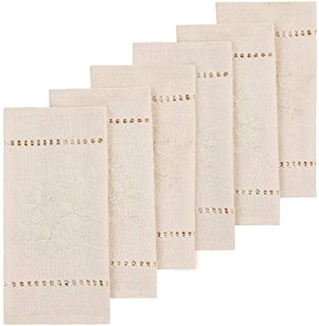 Homing Handmade Retro Hemstitched Placemats for Dining Table, Rustic Natural Color Floral Embroidery Place Mat for Dinners - Machine Washable 13 x 19 Inch, Set of 6pcs