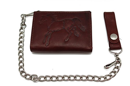 Horse Emboss Burgundy Leather Trucker Biker Tri-fold Chain Wallet in Box