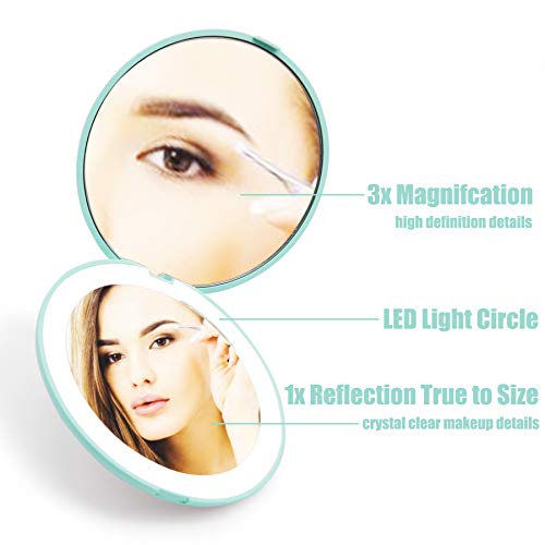 LED Lighted Travel Makeup Mirror 10X Magnification Dual Sided Vanity Mirror with Lights Portable, Pocket, Lighted, Makeup Mirror | Perfect for Purse, Handbag & Travel Beauty Needs |（Blue）