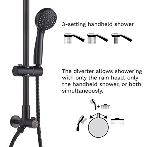 Polaris III Retrofit Rain Shower System, 3-Setting Handheld Shower Combo with Slide Bar, 8" Low Profile Shower Head, 9" Vertical Extension Pipe (Matte Black)