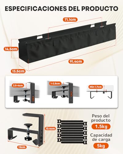 Cable Duct Desk No Drilling 90cm Under Cable Management Desk Clamps/Screw Mount | Escritorio de gestión de cables de tela de 91 cm con abrazadera/tornillo de fijación