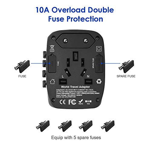 Travel Adapter, 2400W International Power Adapter,1 Type-C PD 3.0 & 1 Smart Type-C & 2 USB All in One Power Plug Adapter for High Power Appliances for UK, EU, AU, US, Over 200 Countries (Black) - Thumbnail 4