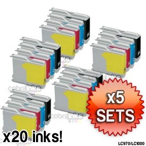 Brother LC970 - LC1000 - Multipack BK/C/M/Y - Set of 20 Brother Compatible Ink Cartridges for Brother MFC-235C MFC-260C MFC-5860CN MFC660CN MFC-240C MFC-665CW MFC-680CN MFC-845CW MFC-885CW MFC-3360C MFC-440CN MFC-465CN MFC-5460CN FAX 1360 FAX 1460 FAX 1560 Printer Inks - 5 full sets (Contains: LC 1000BK / LC 970BK - LC 1000C / LC 970C - LC 1000Y / LC 970Y - LC 1000M / LC 970M) by COBRAINKS