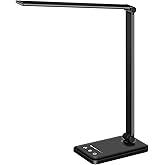 White crown LED Desk Lamp Dimmable Table Lamp Reading Lamp with USB Charging Port, 5 Lighting Modes, Sensitive Control, 30/60 Minutes Timer (Black, First-Generation)