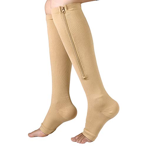 Photo 1 of Zipper Compression Socks - 2Pairs Calf Knee High Stocking - Open Toe Compression Socks for Walking?Runnng?Hiking and Sports Use (B- NUDE