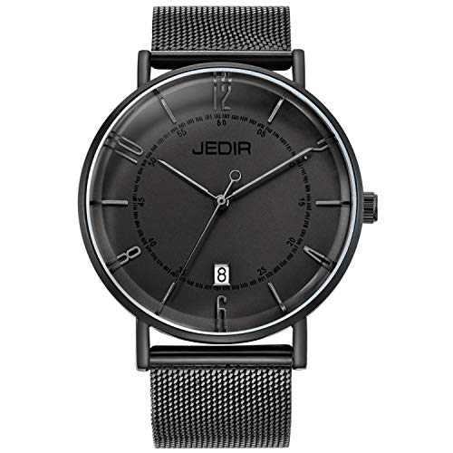 JEDIR Men Classic Simple Slim Quartz Wrist Watch Big Dial Calendar Number Mesh&Leather Band (All Black)