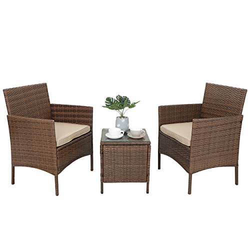 Oteymart 3 Pieces Outdoor Furniture Wicker Rattan Conversation Set 2 Club Chairs with Coffee Table Modern Bistro Set for Yard or Backyard Garden PE Patio Furniture (Brown)