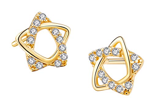 SA SILVERAGE 9K Yellow Gold Star Stud Earrings for Women AAA Zirconia K-Gold Earrings