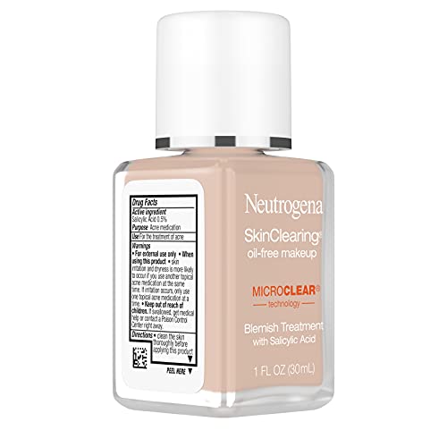 NEUTROGENA SKINCLEARING OIL-FREE ACNE AND BLEMISH FIGHTING LIQUID FOUNDATION WITH.5% SALICYLIC ACID ACNE MEDICINE, SHINE CONTROLLING MAKEUP FOR ACNE PRONE SKIN, 20 NATURAL IVORY, 1 FL. OZ