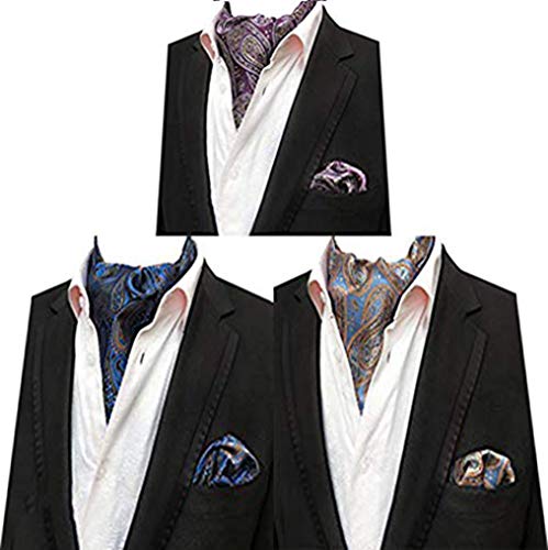 MOHSLEE Men 3PCS Formal Wedding Paisley Cravat Ascot Scarf Tie Pocket Square Set