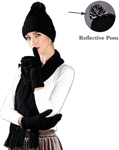 Warm Scarf Glove Hat Beanie Set Cable Knit Cashmere Like Winter Gift Set Pom Cap (Black)