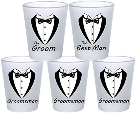 Wedding and Bachelor Party 5 Pack Shot Glasses Funny Tuxedo Novelty Groom, Best Man, Groomsmen Shot Glasses | Great for Groom, The Best Man and Groomsmen Bachelor Party (5 Pack Bundle, 5)