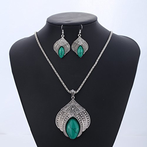 YAZILIND Jewelry Sets Silver Plated Retro Green Synthesis-Turquoise Flower Pendant Necklace Drop Earrings Bracelet - Thumbnail 2