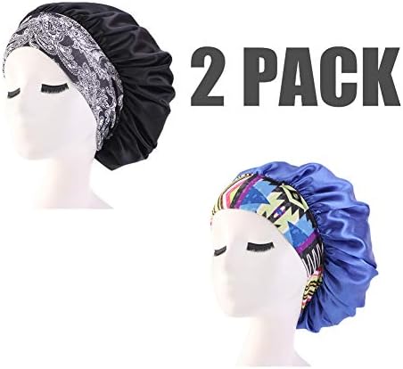 CCCHO Women’s Satin Bonnet Turban Sleep Night Cap Wide Band for Hair Beauty Bath Cap Hair Care Hat Chemo Beanie (Black+Blue)