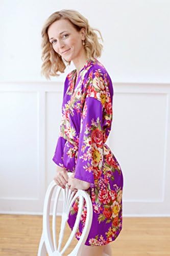 American Cuteness Silk Robes &amp; Gift Pouches Set - Floral Satin Kimono Robe, Bridesmaid Gift, Bachelorette Bridal Party Getting Ready, Wedding Favor (Plus Size (14-22 US), Purple)