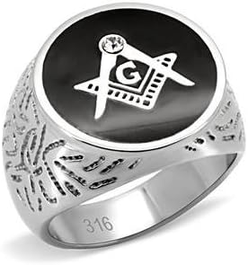 Eternal Sparkles Men's Stainless Steel Round Black Enamel Masonic Ring with Clear Round Crystal Stone