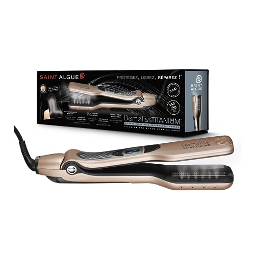 SAINT ALGUE Demeliss Titanium - Professional Titanium Wide Straightener with Steam Technology, for All Hair Types, Temperature from 150 ° to 230 °, 40 ml Water Tank - Gold / Black