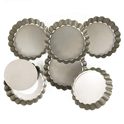 6 Pack(4 Inch) Round Mini Tart and Quiche Pan with Removable Loose Bottom, Non-stick Tin for Pie (Champagne Color)
