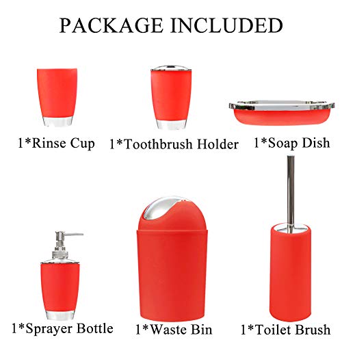 WOOPOWER 6pcs Bathroom Accessories Set, Including Toothbrush Holder, Waste Bin, Soap Dish, Toilet Brush, Rinse Cup, Sprayer Bottle, for Home, Office, Apartment, Hotel etc (Red)