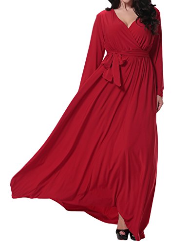 Sue&Joe Women's Plus Size Dresses Faux Wrap Long Sleeve Full Length Evening Gown, Red, TagsizeXXL=USsize16W-18W