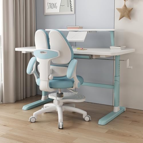 MOZOGOT Kids Desk Chair with Armrests Footrest, Ergonomic Student Swivel Rolling Task Chair, Adjustable Height Study Chair with Arms & Wheels for Boys Girls, Home Bedroom School (Blue)