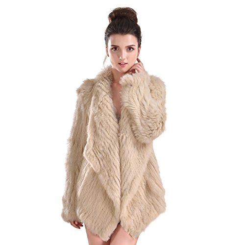 Vemolla Women's Genuine Knit Rabbit Fur Coat Jacket Outwear with Pocket