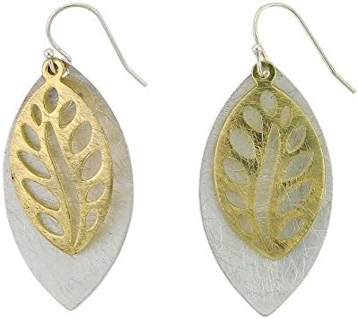 Takobia Women's BiColor Scratched Gold Flashed &amp; Silver Plated CutWork Double Leaf Pendants - .925 Sterling Silver French Wire Earrings