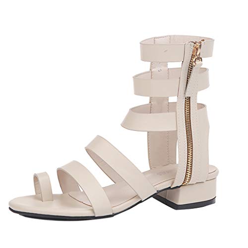 Vibola Women's Gladiator Sandals Buckle Ankle Strap,Peep Toe Zipper Closed Chunky Heeled Hiking Gardening Walking Shoes Beige