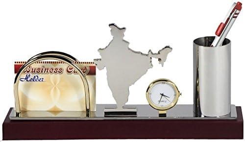 Deals Outlet Brass and Stainless Steel Multi Purpose Pen and Visiting Card Holder with Table Clock (Gold and Silver Plating)