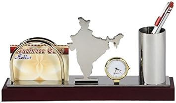 Deals Outlet Brass and Stainless Steel Multi Purpose Pen and Visiting Card Holder with Table Clock (Gold and Silver Plating)