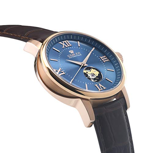 LOUIS-XVI-Herren-Armbanduhr-Le-Louvre-Rosegold-Blau-Automatik-Skeleton-Analog-echtes-Leder-Braun-973