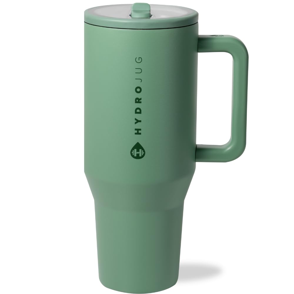 Photo 1 of HydroJug Traveler - 40 oz Water Bottle with Handle & Flip Straw - Fits in Cup Holder, Leak Resistant Tumbler-Reusable Insulated Stainless Steel & Rubber Base - Gifts for Women & Men, Sage
