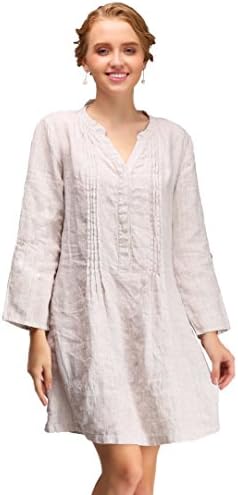 VESTIR Womens 100% Linen Dress with Long Sleeves, Button-down Summer Dress Shirts Go Casual Chic