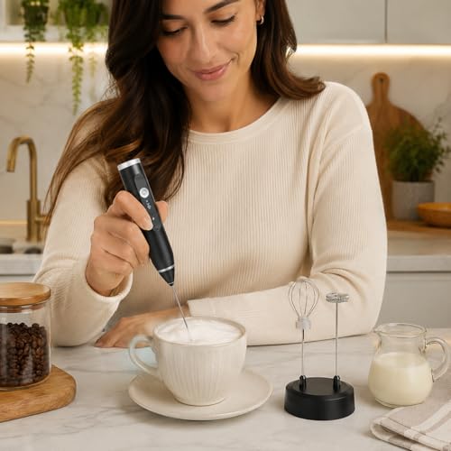 Mixer Recarregável USB Portátil Elétrico, batedor misturador para cozinha e escritório, prepare shake, vitamina e café em segundos, uso fácil, bateria interna de longa duração sem fio com 3 Acessórios