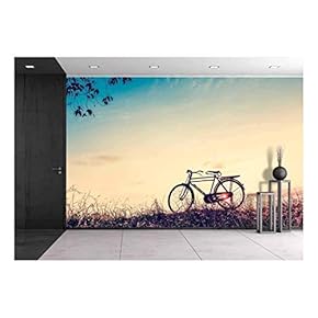 Beautiful Landscape Image with Silhouette Bicycle at Sunset in Vintage Tone Style - Removable Wall Mural | Self-Adhesive Large Wallpaper - 66x96 inches